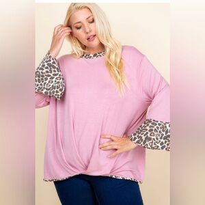New!Plus Size Jersey Animal Print Bell Sleeves, Front Gathered Hem Size 1X 2X 3X